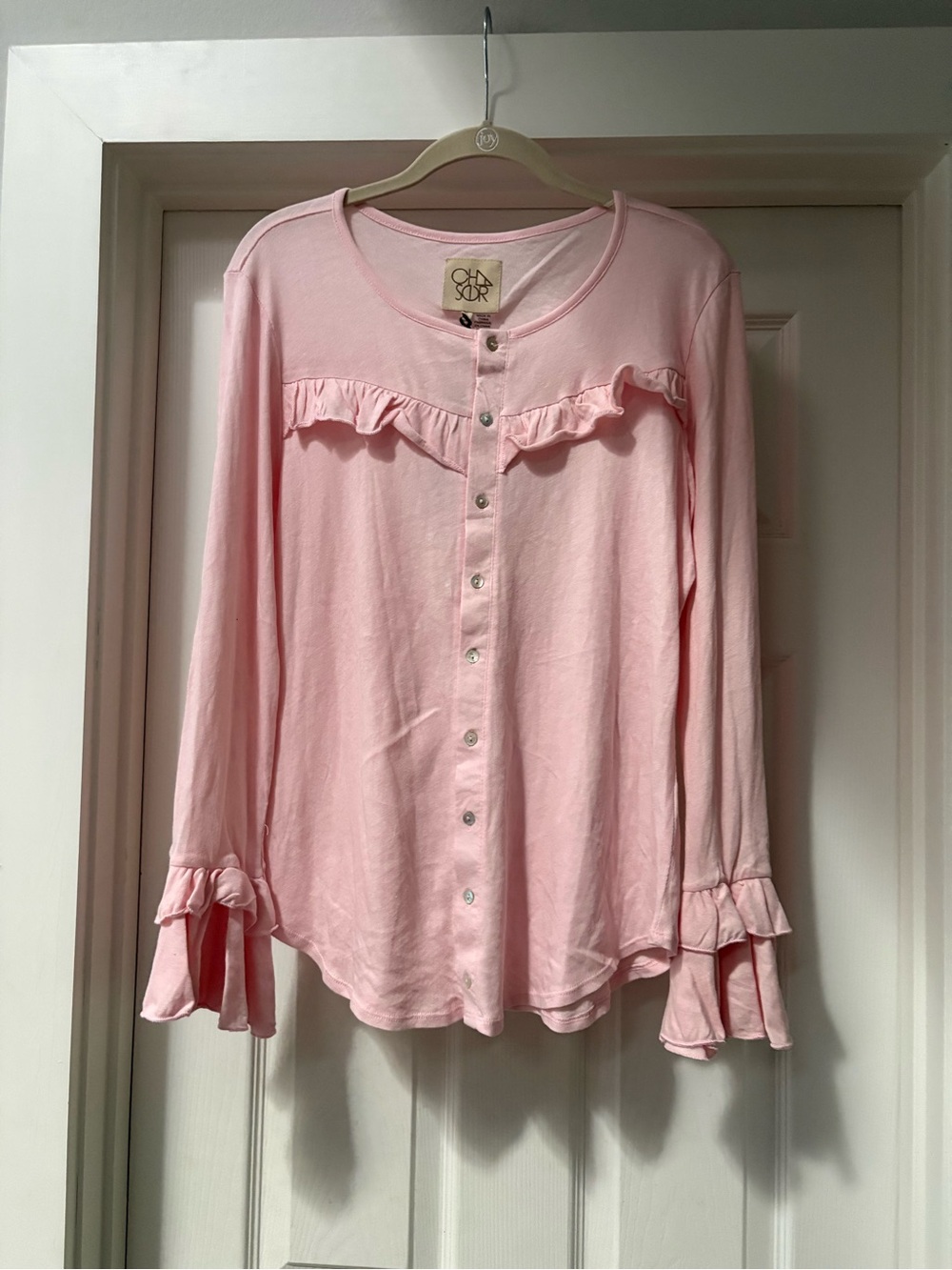 Chaser Pale Pink Ruffle Button-Down Top